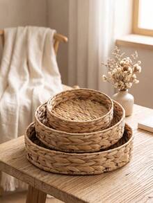 1pc/3pcs Handwoven Round Storage Basket, Round Serving Tray, Camping Living Room Farm Display Tray, Woven Gift Tray, Shelf Basket, Suitable For Storing Small Household Items - Khaki - View 2