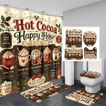 1pc/4pcs Christmas American Hot Cocoa Menu Multi-Functional Bathroom Decor Shower Curtain Set, Free 12 Hooks, Premium Holiday Atmosphere, Bathroom Mat, U-Shaped Floor Mat And Round Toilet Lid Cover, Suitable For All Christmas Scenes Decoration - American Hot Cocoa - View 8