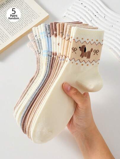 5 Pairs Women's Ankle Socks, Bowknot Puppy Style Calf Socks, Suitable For Lower Leg Protection, Ideal For Autumn And Winter