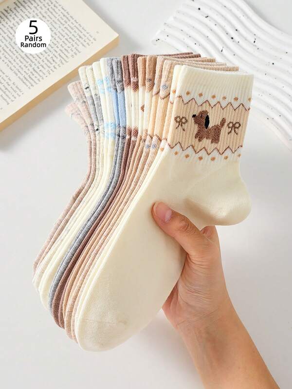 5 Pairs Women's Ankle Socks, Bowknot Puppy Style Calf Socks, Suitable For Lower Leg Protection, Ideal For Autumn And Winter