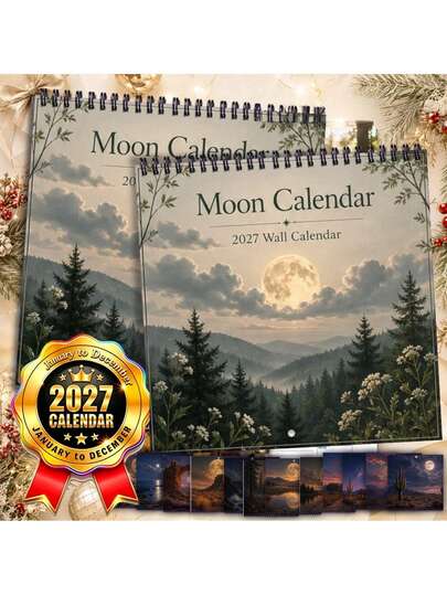 2027 Wall Calendar, 2027 Moon Phase Theme Wall Calendar, 12-Month Annual Planning Calendar, Double Spiral Binding Hanging Calendar, Desk Accessories, Office Decor, Office Desk Accessories, Room Decor, Composition Notebook Decor Classroom, Classroom Decor, Christmas Home Decor, Christmas Decorations, Calendar, Calendar For Wall, Advent Calendar