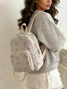 1 Piece Backpack, Women's Mini Backpack, Corduroy Girl School Bag, Travel Storage Bag, Bow Printed Design, Large‑Capacity Foldable Easy‑To‑Store Bag, Lightweight & Pressure‑Relieving, Multi‑Pocket Layered Design With Zipper Closure - Pink Bow 22650 - View 2