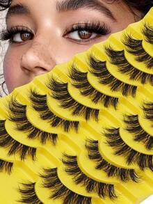 10 Pairs Natural Fluffy Extended Outer Corner False Eyelashes, Soft Natural Lash Strips, Transparent Stem, D Curl, Reusable, Suitable For Daily Wear, Dates And Party Occasions - Black - View 2