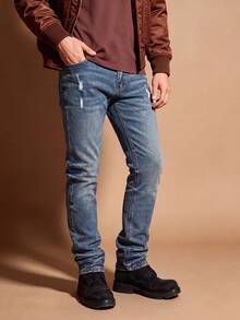 Men's Distressed Slim Fit Tapered Jeans, Vintage Blue Wash With Light Ripped Design, Cat Whisker Faded Distressed Vibe Style, Casual Versatile Stretch Denim Pants - Blue - View 2