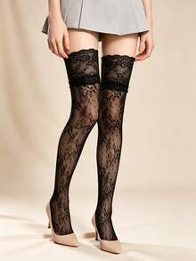 1/2 Pairs Vintage Rose Pattern Thigh-High Stockings, Sheer Lace Mesh. Gothic High Elastic Over-Knee Socks For Cosplay & Party. - Multicolor - View 6