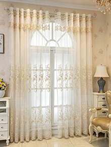1pc Rod Pocket Luxury European Style Gold Thread Vine & Floral Embroidered Sheer Curtain, Wavy Top Edge, Semi-Sheer Decorative Window Sheer For Home Living Room And Bedroom - Multicolor - View 7