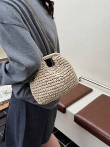 Dedoo Women's Dumpling-Shaped Woven Straw Crossbody Bag, Chain Shoulder Strap, Hand Carry Handle, Bohemian Style, Suitable For Summer Beach Vacation (Includes Gift Bag) - Beige - View 4