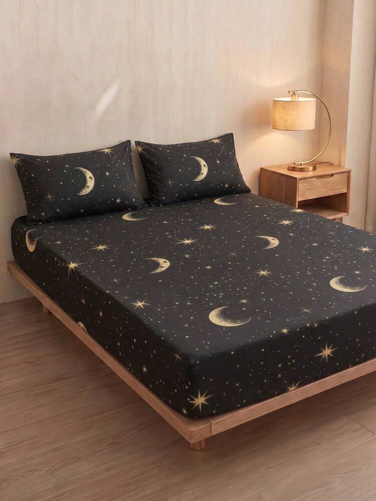 2/3pcs Black Moon Star Galaxy Pattern Fitted Sheet Set, No Filling, Breathable Comfortable Bedroom Bedding, Includes 1 Mattress Cover And 1/2 Pillowcases, Back To School Dorm Bedding Set - Black - View 1