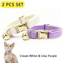 2pcs Cream + Lavender Soft Velvet Cat Collar, With Gold Bell Metal Buckle, Adjustable Size Comfortable Wear, Suitable For Cats And Small Dogs Pet Neck Collar Accessories, Valentine's Day, Easter - Cream White & Lilac - View 8