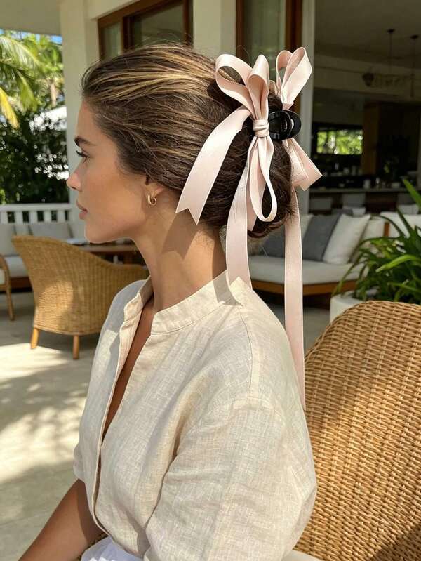 1pc French Style Premium Ribbon Bow Hair Claw Clip, Elegant Long Ribbon Hair Claw, Versatile Atmospheric Hair Clip For Updo