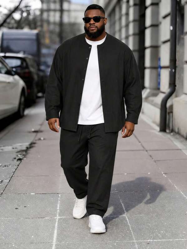 Men's Plus Size Outfit, Solid Color Long Sleeve Jacket And Pants Set, Casual Single-Breasted Cardigan Plus Size Men's Clothing