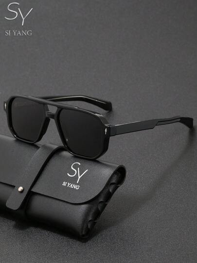 SY SI YANG Brand Unisex Double-Beam Square Frame Sunglasses, Retro Thick Frame Sunglasses, Fashionable Decorative Details On Temple, Suitable For Driving, Travel, Vacation, Shopping, Daily Outdoor Wear, Multiple Colors Available, Comes With Exquisite Glasses Protective Case And Cleaning Cloth
