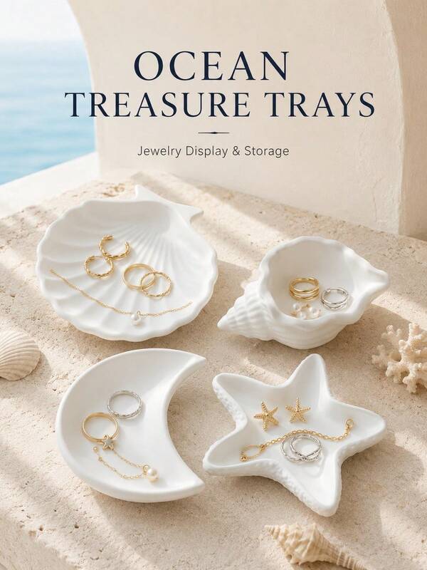 1pc White Ceramic Ocean-Shaped Jewelry Display Tray, Multiple Shell, Conch, Crescent Moon, Starfish Jewelry Storage Tray, Ring, Earring, Necklace, Bracelet, Jewelry Small Item Desktop Organizer, Minimalist Vintage Home Decor Ornament, Suitable For Bedroom Bedside, Vanity, Bathroom, Closet And Entryway, Exquisite Gift For Girls Birthday, Housewarming, Holiday