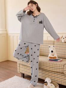 2pcs Women's Pajama Lounge Set, Pullover Round Neck Cute Cat Print Minimalist Long Sleeve Cropped Pants, Comfortable For Home Wear - Grey - View 3