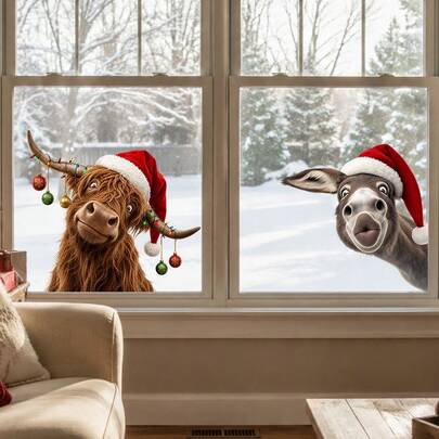 1/3pcs Funny Christmas Highland Cow, Donkey And Squirrel Window Stickers, Double-Sided Visible PVC Static Cling Glass Decals, Suitable For Living Room, Bedroom, Bathroom, Office And Home Decor