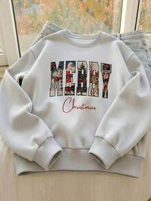Vintage Christmas MERRY Letter Patchwork Print Crew Neck Sweatshirt Snowman Santa Claus Reindeer Nutcracker Pattern Loose Fit Autumn/Winter Pullover Top - Off-white - View 4