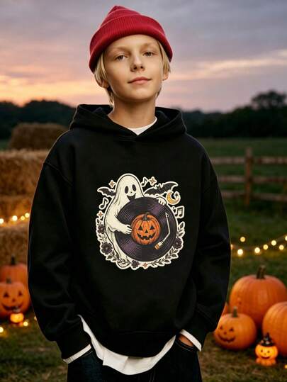 1pc Boys Halloween Sweatshirt, Black Vinyl Record Music Ghost Halloween Sweatshirt, Boys Casual Party Pullover - Holiday Gift