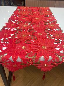 HXARTMIS 1 Buah Taplak Meja Bordir Poinsettia Merah Natal, Dekorasi Meja Makan Liburan Natal Berenda Berongga, Cocok Untuk Restoran, Pesta Dan Dekorasi Rumah - Merah - View 9