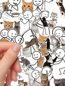 50Pcs Funny Cat Meme Sticker Pack, Line Figure & Cute Cat Print, Aesthetic Humorous Meme Decals, Waterproof Stickers, For Teen Journal, Tumbler, Notebook DIY Decor - Multicolor - View 4