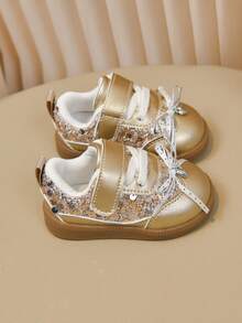 Gold Sequin Girls' First Walker Shoes, Heart Pendant Bow Magic Tape Princess Shoes For Baby Girls - Rose Gold - View 7