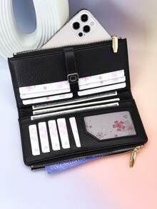 New Women's Long Wallet With Snap Closure, Exquisite Soft PU Double-Layer Zipper Coin Purse And Card Holder, Minimalist Fashion Lightweight - Black - View 6