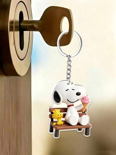 SNOOPY 2D Soft Rubber Keychain Backpack Pendant, With Metal Hook, Durable And Sturdy, Depicting A Warm Scene Of Confused Passengers Sitting On A Bench Sharing Ice Cream, Vibrant Colors That Don't Fade