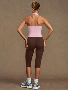 VVX Women's 2 Pieces Workout Set Capri Yoga Legging High Waist Tummy Control Halter Neck Backless Sports Tank Top Slim Gym Suit - Pink - View 4