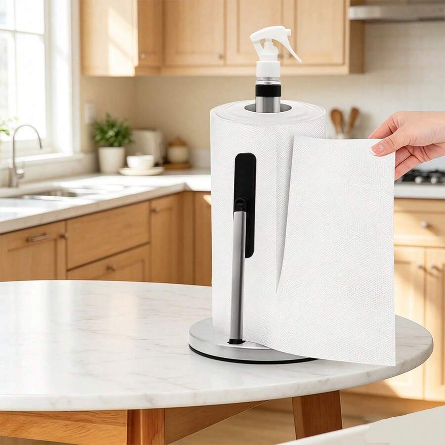 1pc Stainless Steel Kitchen Paper Towel Holder With Spray Bottle, No-Drill Countertop Paper Towel Holder And Spray 2-In-1, Kitchen Countertop Paper Towel Holder - Multicolor - View 1