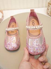 1 Pair Toddler Girls Pearl Decor Glitter Fabric Non‑Slip Round Toe Mary Jane Flat Princess Shoes For Party Daily Wear - Hot Pink - View 3
