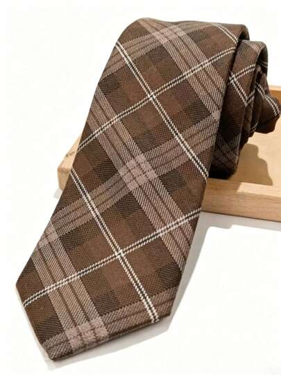 1PC Men's Fashion Striped Plaid Business Style Versatile Tie, Brown Plaid JK Tie, Pre-Tied Adjustable Vintage Plaid Tie, Student Uniform Shirt Accessory, Gift Choice