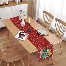 1pc Red Background Christmas Tree & Snowflake Print Table Runner, Linen Texture Holiday Table Runner, Holiday Table Decor, Christmas Party Home Decoration - Red - View 6
