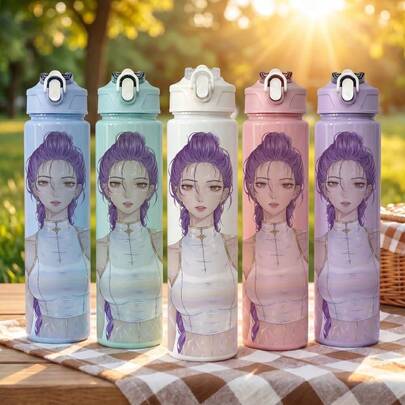 KPop Demon Hunters 1 pieza Botella de agua deportiva con tapa abatible a prueba de derrames estilo grupo de chicas K-POP, 5 colores, diseño de moda portátil, 800ml-27oz, con correa, pajita y tapa, diseño lindo, alta calidad, a prueba de fugas, a prueba de golpes, duradera para deportes al aire libre, taza portátil de gran capacidad, adecuada para viajes cortos, senderismo, picnic, correr, fitness, Día de la Madre, Halloween, Navidad, Acción de Gracias, Día del Padre, Día de San Valentín, estudiantes, familia, novio/novia, cumpleaños, regalo de graduación, adecuada para hombres y mujeres, también un gran regalo sorpresa para fans.