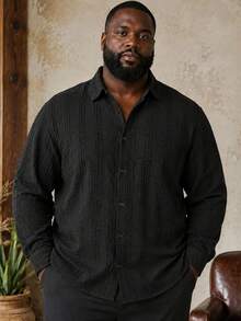 Men's Plus Size Shirt, Autumn Knit Textured Fabric Casual Plus Size Top, Solid Color Single-Breasted Long Sleeve Plus Size Men's Clothing - Black - View 5