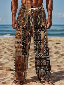 Men's African Totem Patchwork Print Wide Leg Pants, Drawstring Elastic Waist, Loose Lightweight Beach Vacation Casual Long Pants - Multicolor - View 2