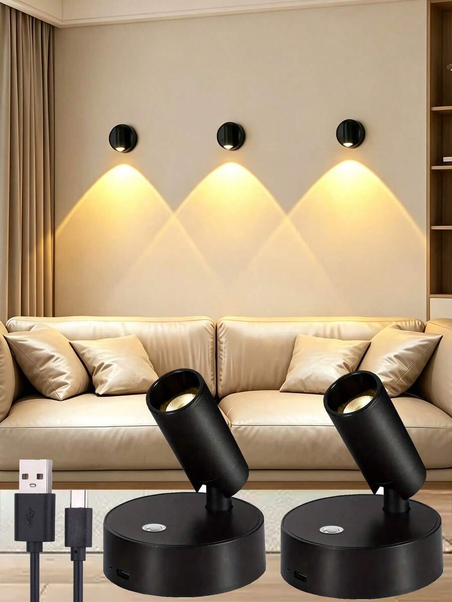 LED Magnetic USB Rechargeable Wall Light Spotlight, No Wiring No Drilling Bedroom Bedside Reading Light, Picture Lighting Ambient Light - Multicolor - View 1