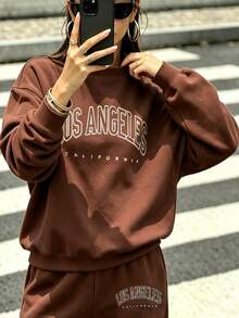 New European And American Style Los Angeles Letter Print Dark Blue Women's Sweatshirt Set, Suitable For Autumn And Winter - Brown - View 5