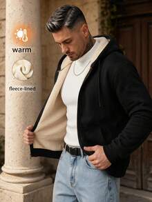 Men's Winter Casual Solid Color Minimalist Hooded Thermal Lined Jacket - Black - View 2