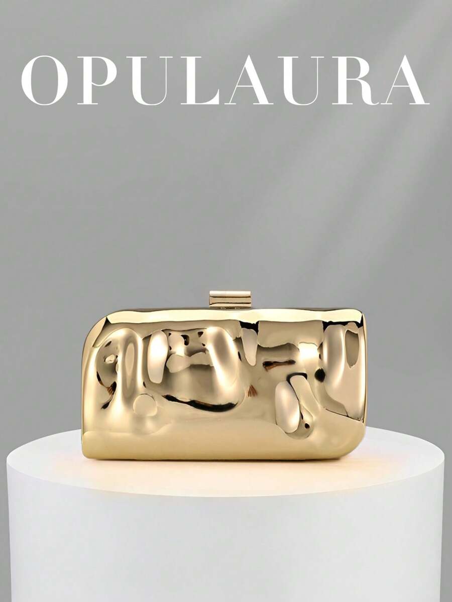 OpulAura 1件金色歐美風女款壓克力晚宴手拿包，不對稱方盒設計搭配撞色扣環，適合派對、宴會/婚禮、情人節場合 - 金色 - 查看 1