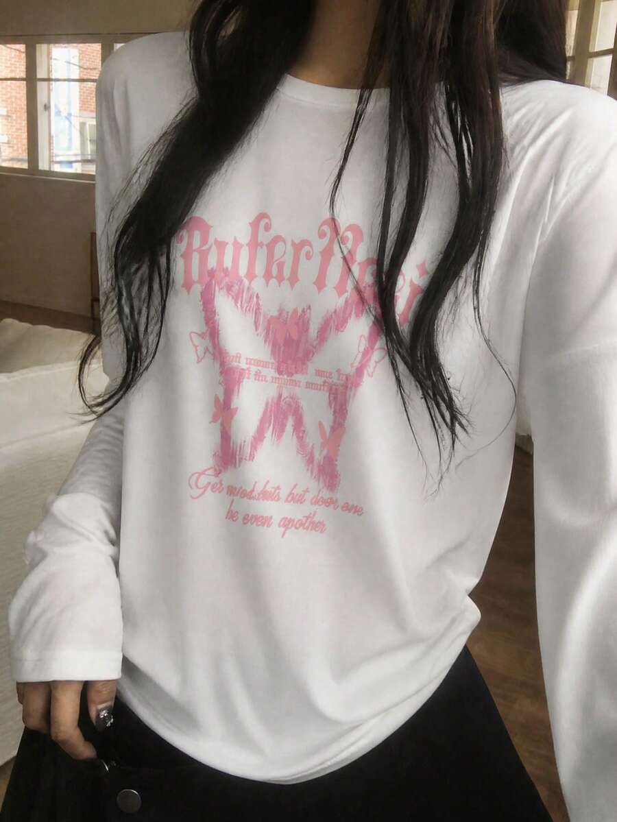 Y2K甜酷風白色紮染蝴蝶印花長袖T恤女款 寬鬆顯瘦韓系百搭上衣 - 白色 - 查看 1