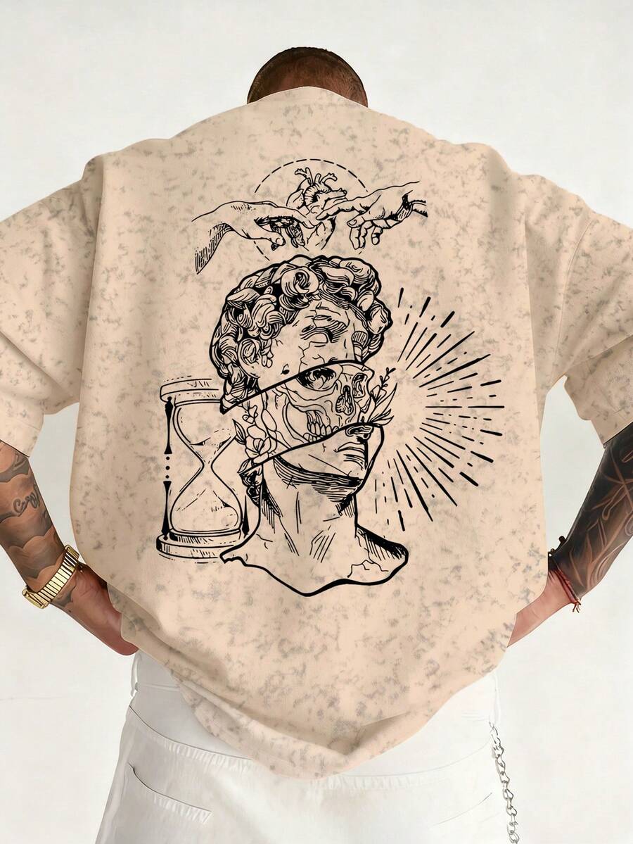 男士夏季時尚百搭休閒素描肖像印花舒適圓領短袖T恤 - 杏色 - 查看 1