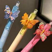 6/12pcs Macaron Color Butterfly Decor Click Neutral Pens, 3D Butterfly Flower Ornament, Playful Eye-Catching Macaron Gradient Pen Body For Writing - Multicolor - View 5