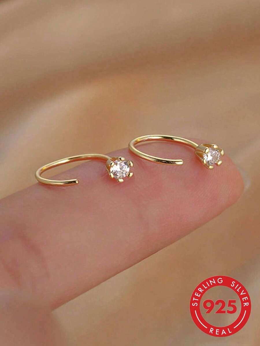 BALMORA 1 Pair Exquisite Minimalist Ins Style S925 Sterling Silver Rhinestone 6-Prong Hook Earrings, Suitable For Girls/Women Daily Wear, Friends Gathering, Gift - Gold - View 1