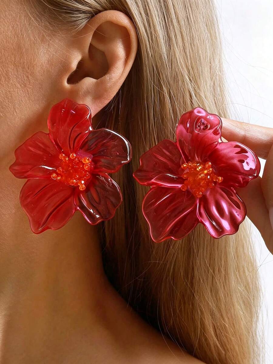 1 Pair Vintage Floral Exaggerated Stud Earrings For Women, High-End Fashion Elegant Earrings - Hot Pink - View 1