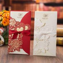1set Laser Cut Wedding Invitations Card Heart Customize Greeting Cards With Ribbon Bridal Shower Wedding Party Supplies - View 10