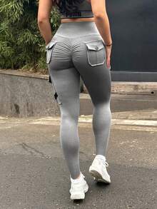Y2K 瑜伽工裝緊身褲，高彈性寬腰帶高腰提臀褲，附翻蓋口袋，女款健身健身房運動褲 - 淺灰色 - 查看 6