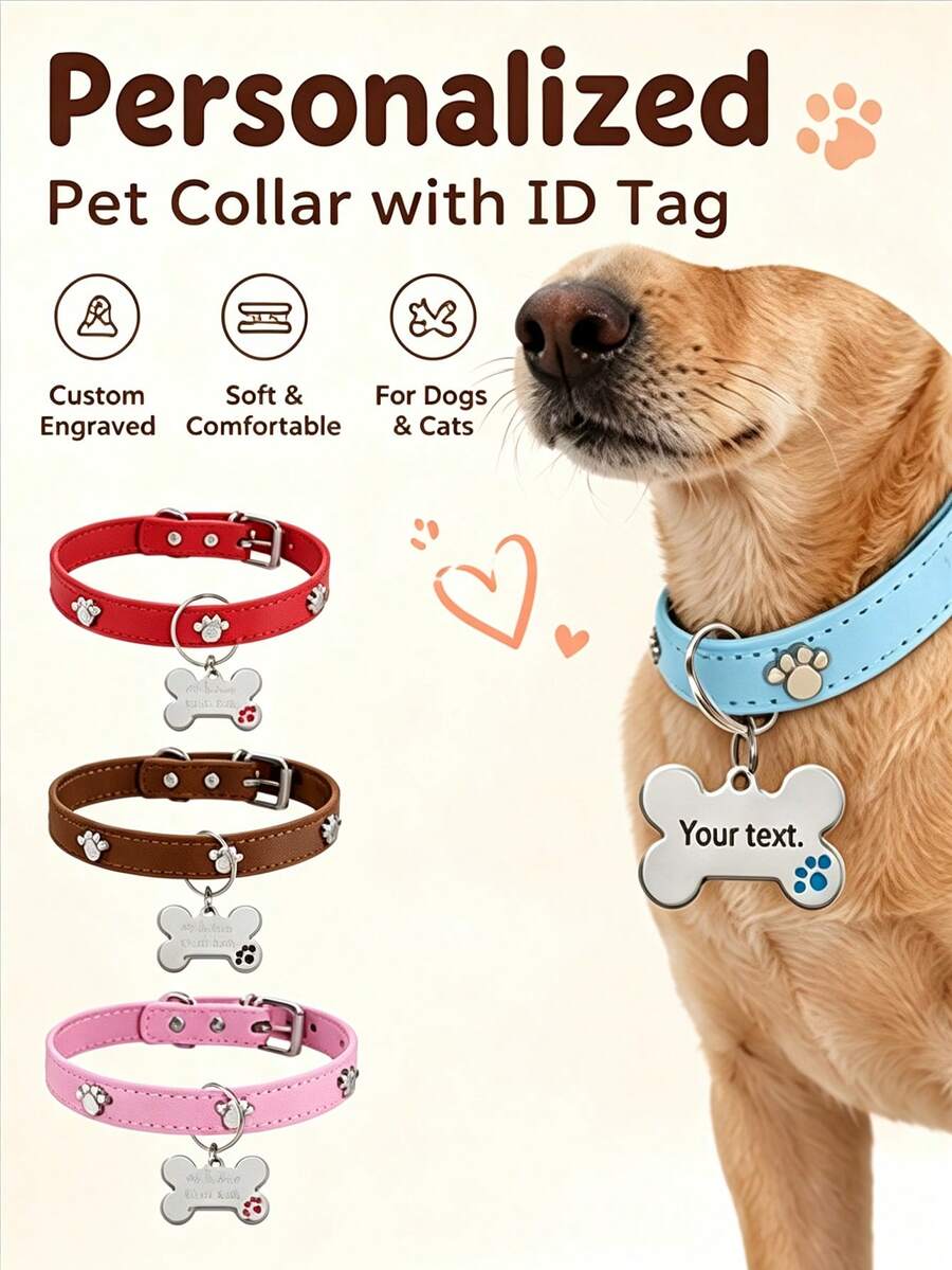 Kalung Hewan Peliharaan Kustom, Tali Leher Kulit Sintetis Tahan Lama dengan Liontin ID Jejak Kaki Logam Berwarna-warni, Cocok untuk Kucing dan Anjing, Tersedia Berbagai Ukuran, Kalung Kucing dan Anjing Kustom Anti-Hilang yang Diukir - MultiWarna - View 1