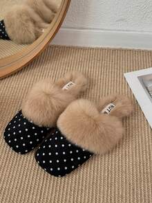 Women's Polka Dot Plush Square Toe Closed Toe Fuzzy Mule Slippers, Retro Round Dot Outdoor Wear Fuzzy Slippers, Autumn/Winter Home - Black - View 3