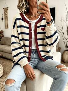 Plus Size Striped Heart Knit Cardigan, Long Sleeve Button Front Crew Neck Sweater Jacket, Casual Loose Fall Winter Women Knit Outerwear - Multicolor - View 5