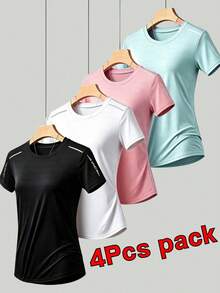 4Pcs Women's Round Neck Quick-Dry Short Sleeve T-Shirt, Inner Layer Or Outer Wear Summer - Multicolor - View 1