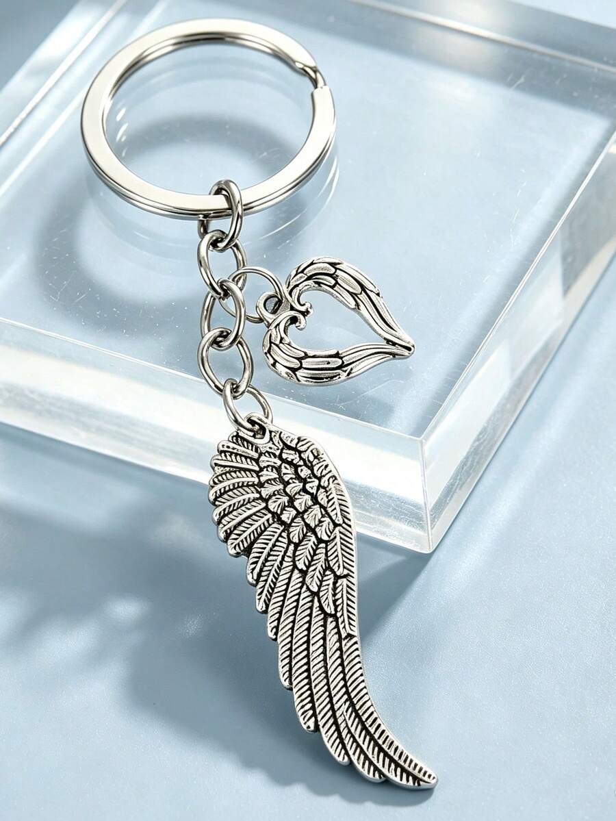 1pc Heart Angel Wings Keychain Phone Bag Backpack Pendant, Handbag Accessory, Souvenir Gift - Antique Silver - View 1